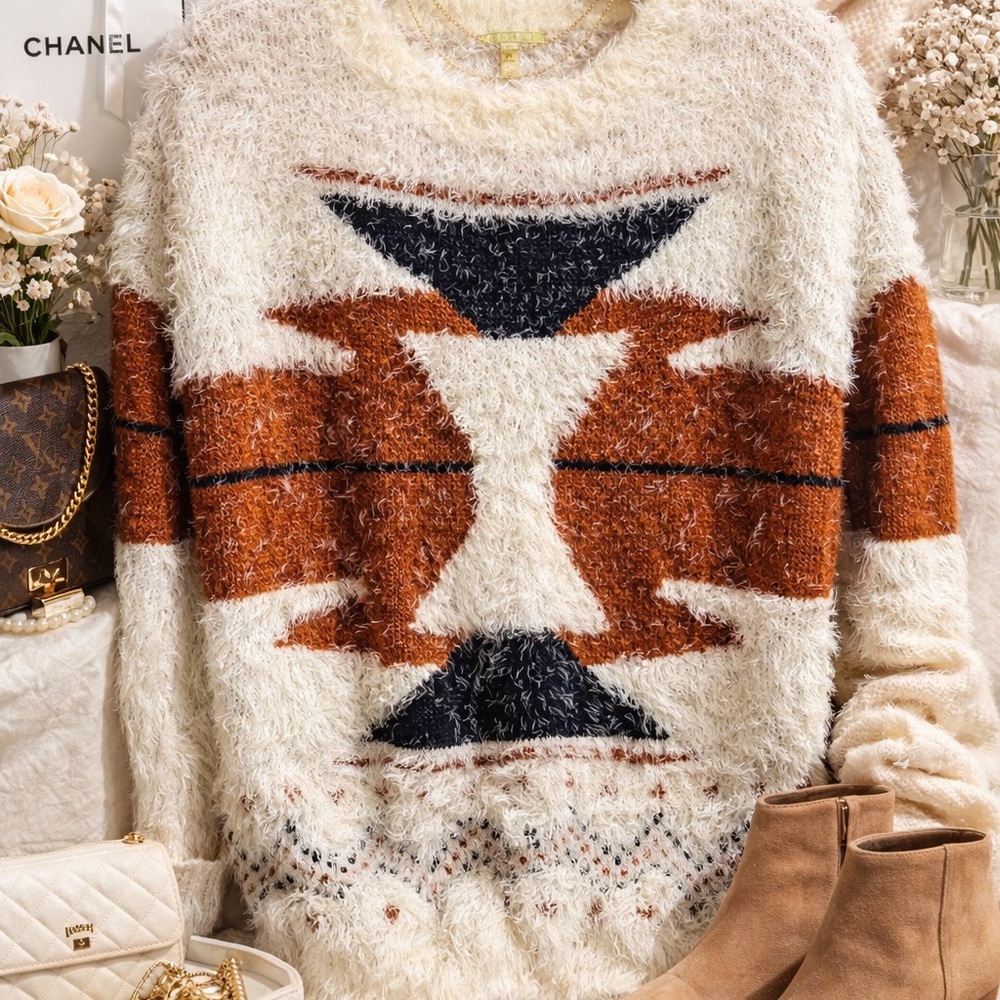 Gianni Bini Cream Fuzzy Sweater with Rust and Navy Geometric Pattern